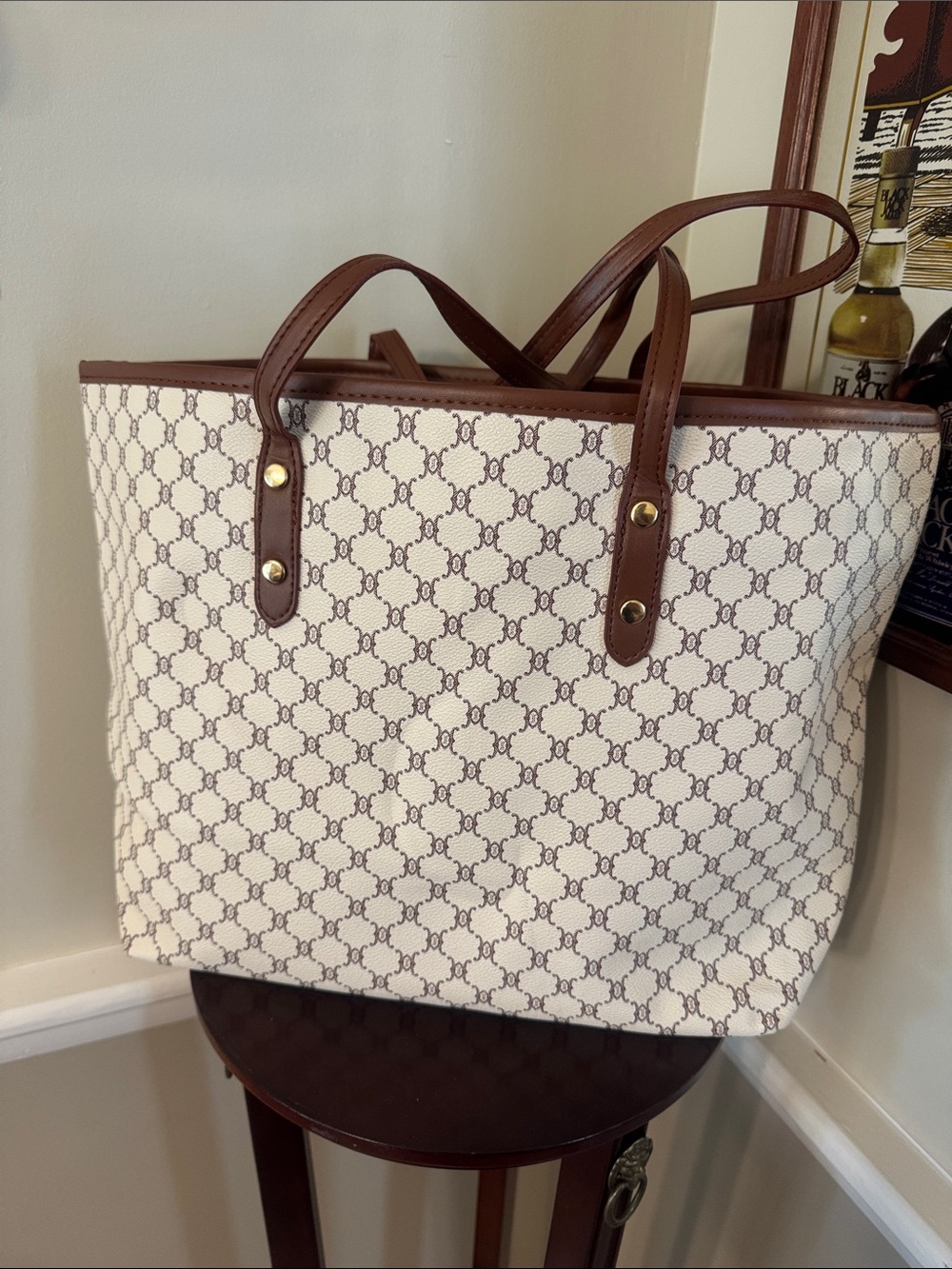 Cream and Brown Patterned Tote Bag with Brown Trim